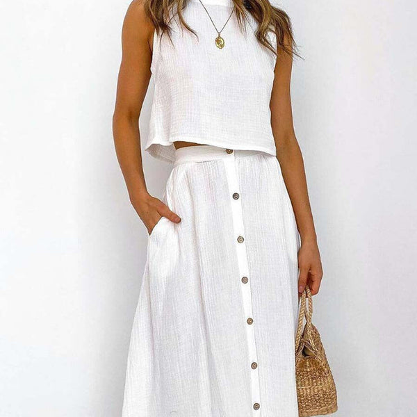 Conjunto de Dos Piezas: Chaleco y Vestido Midi Cuello Redondo Elegante