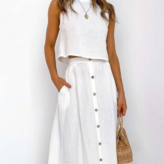 Conjunto de Dos Piezas: Chaleco y Vestido Midi Cuello Redondo Elegante