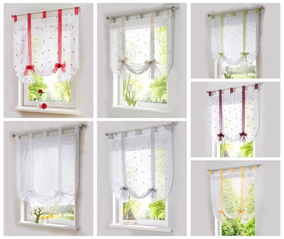 White sheer Roman window screen with red embroidered floral patterns and red ribbon ties, hanging from a silver rod. - Image 9