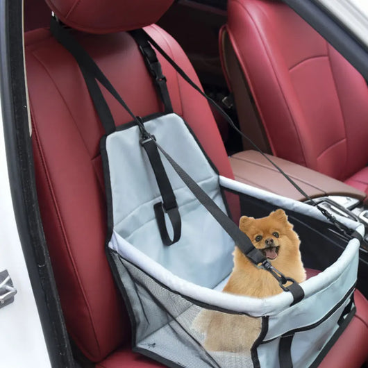 Light grey pet car booster seat with black mesh sides and adjustable straps, installed on a black and red car seat. - Image 28