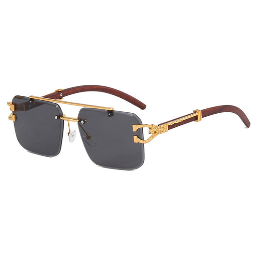Pink gradient frameless square sunglasses with a double beam, gold-tone hardware, and dark wood-look temples.