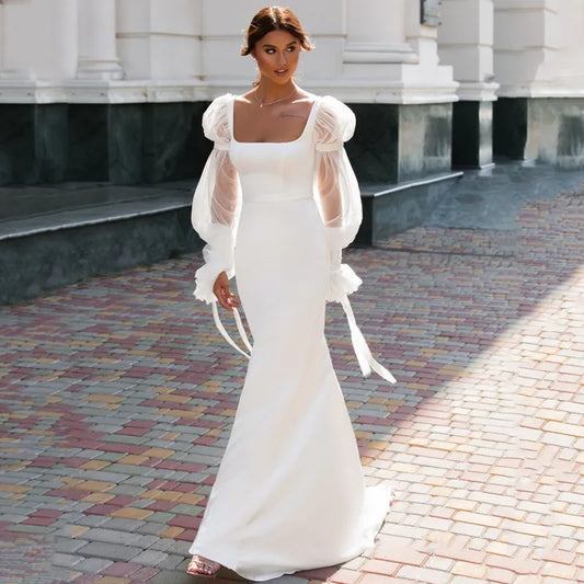 Vestido de Novia Sirena en Satén Elegante con Mangas Puff Largas