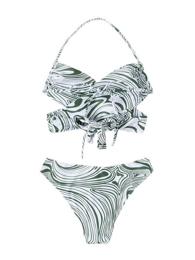 Green and white abstract swirl print halter bikini with a cross-front top and high-cut bottoms with an O-ring. - Image 5