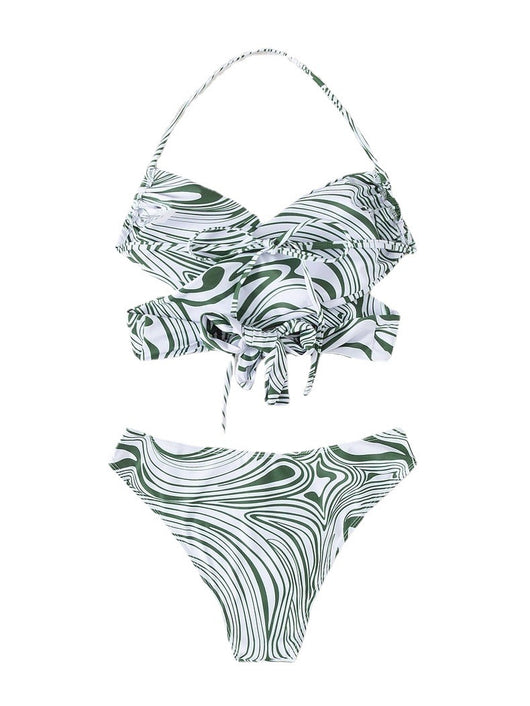 Green and white abstract swirl print halter bikini with a cross-front top and high-cut bottoms with an O-ring. - Image 5