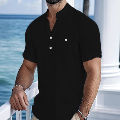 Camisa de Lino con Cuello Mao Manga Corta para Hombre - Image 11