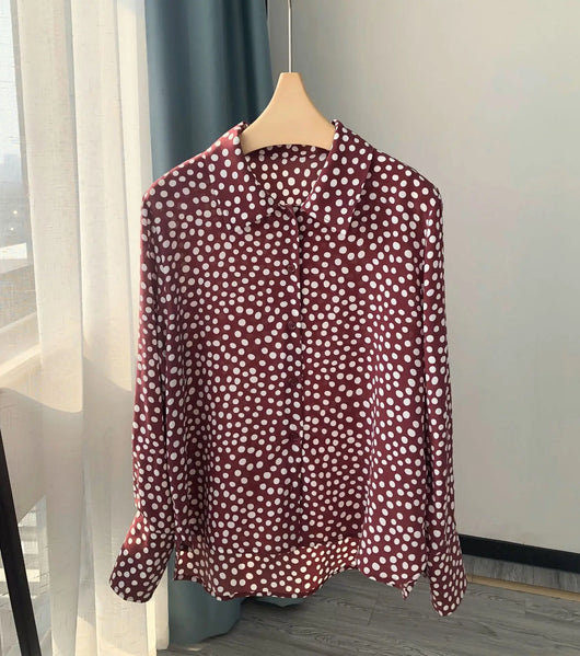 Camisa Vintage Burdeos con Lunares en Seda - Cuello Solapa Manga Larga - Image 6