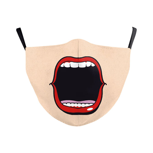 Beige Halloween face mask with a wide-open mouth print featuring red lips, white teeth, and a pink tongue. - Image 5