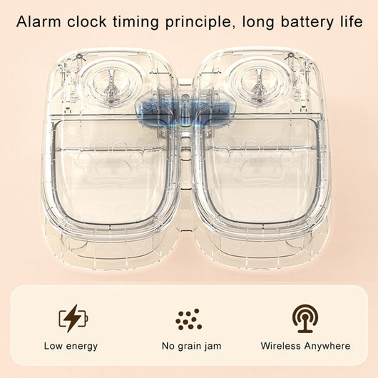 White automatic pet feeder with a pink timer dial and an embossed paw print on the lid. - Image 4