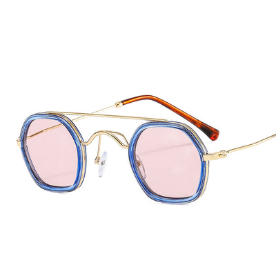 Green hexagonal frame sunglasses with blue to peach gradient lenses and gold-tone double bridge and temples. - Image 5