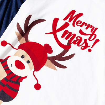 Matching family Christmas pajamas with white and navy blue long-sleeve tops, reindeer print, and "Merry Xmas!" text. - Image 20
