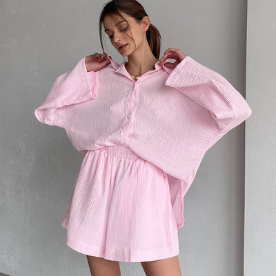 Conjunto de Algodón para Mujer: Camisa Manga Larga y Pantalón Ancho