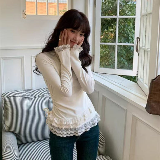 Blusa Ajustada con Encaje para Mujer - Manga Larga Elegante