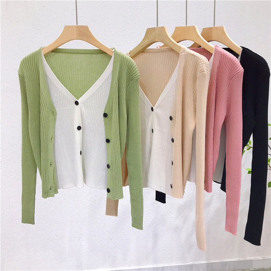 Cardigan Tejido Falsa Dos Piezas Mujer Cuello V Manga Larga - Image 3