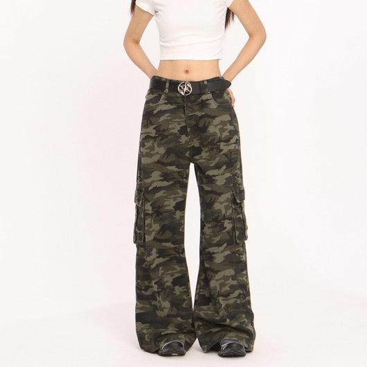 Pantalón Cargo Ancho Camuflaje Retro de Tiro Bajo