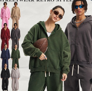Men's pink washed full-zip hooded jacket and matching sweatpants set, featuring a relaxed fit and drawstring details. - Image 5