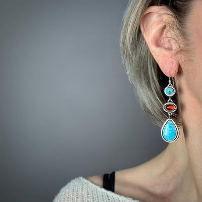 Aretes Turquesa Retro con Granate - Estilo Étnico Femenino - Image 3