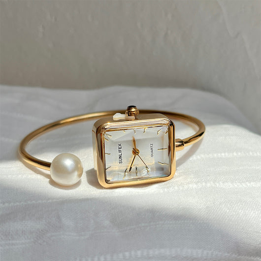 Reloj Pulsera Lujo Perla Cuadrada Dorado para Mujer - Image 7