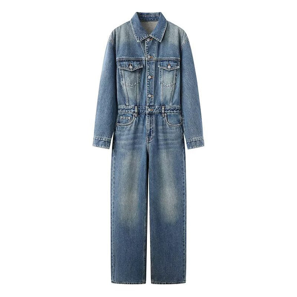 Jumpsuit Retro de Algodón Lavado Cintura Alta Pierna Recta - Image 5