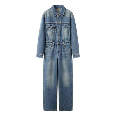 Jumpsuit Retro de Algodón Lavado Cintura Alta Pierna Recta - Image 5