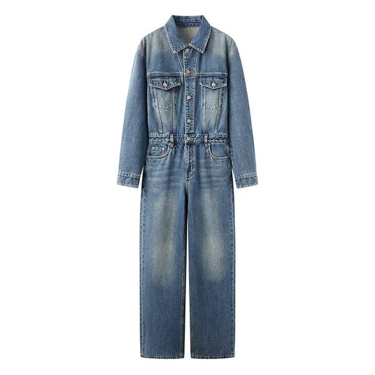 Jumpsuit Retro de Algodón Lavado Cintura Alta Pierna Recta - Image 5