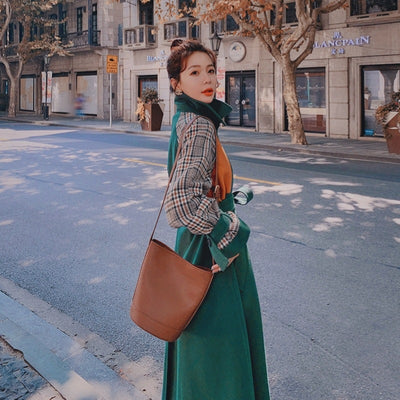 Abrigo de Lana Cuadrillé Coreano Verde Oscuro Largo Medio - Image 8