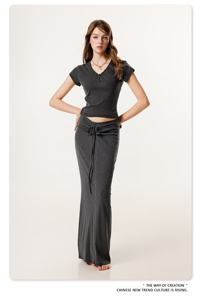 Blusa Retro Americana Slim Fit Cuello V Manga Corta - Image 11