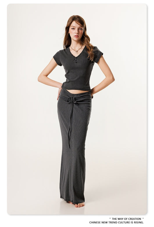 Blusa Retro Americana Slim Fit Cuello V Manga Corta - Image 11
