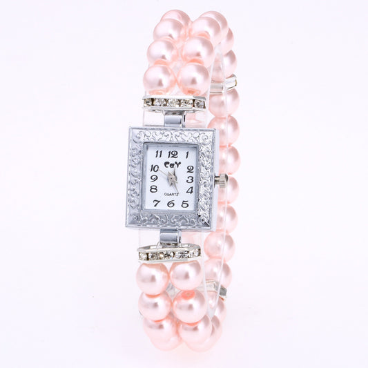 Reloj Rectangular para Mujer con Pulsera de Perlas de Vidrio Artificial - Image 2