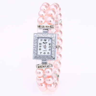 Reloj Rectangular para Mujer con Pulsera de Perlas de Vidrio Artificial - Image 2