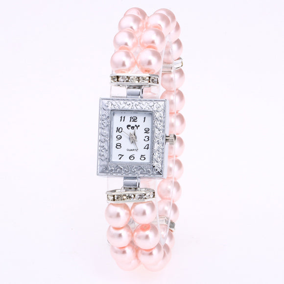 Reloj Rectangular para Mujer con Pulsera de Perlas de Vidrio Artificial