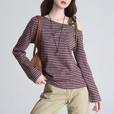 Blusa Slim Rayas Moradas con Hombros Descubiertos Manga Larga - Image 4