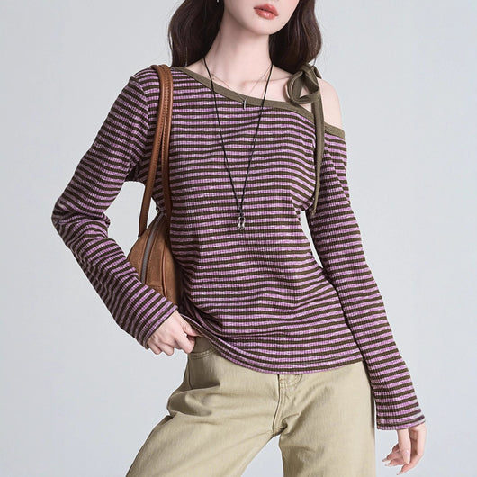 Blusa Slim Rayas Moradas con Hombros Descubiertos Manga Larga - Image 4