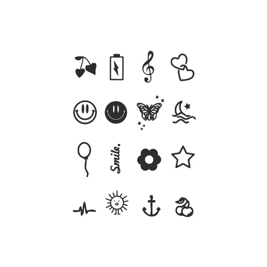Sheet of 24 black outline doodle temporary tattoo stickers including a bow, heart, crown, sun, stars, and flowers. - Image 22
