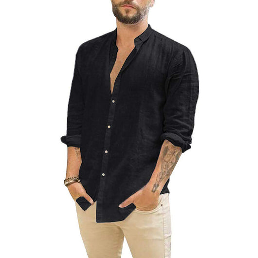 Camisa Casual de Cuello Mao Manga Larga Color Liso - Image 6