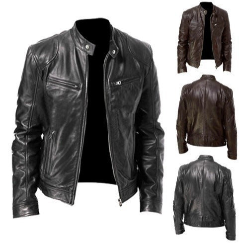 Chaqueta de Cuero para Hombre con Cuello Alto Estilo Punk