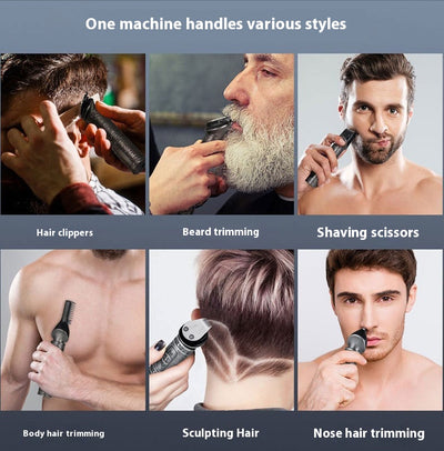 Gold retro carved electric hair clipper grooming kit with multiple trimmer heads, guide combs, cleaning brush, and USB cable. - Image 12