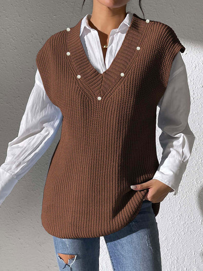 Chaleco Tejido con Perlas en Escote V - Elegancia Minimalista - Image 28