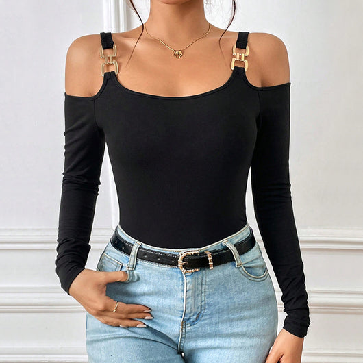 Blusa Sexy Tirantes Metálicos Hombro Descubierto Manga Larga - Image 10