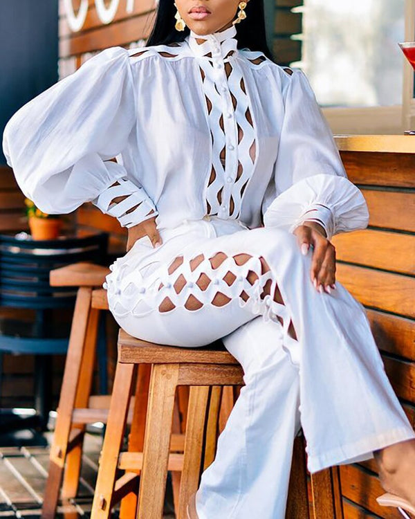 Blusa Blanca de Encaje Manga Larga con Pantalón Juego Completo - Image 5