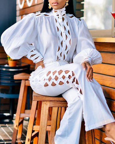Blusa Blanca de Encaje Manga Larga con Pantalón Juego Completo - Image 5