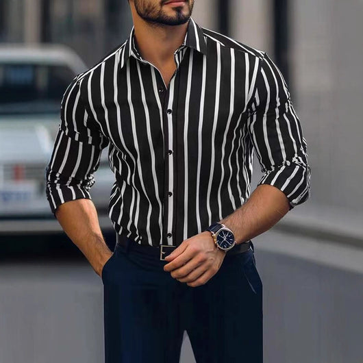 Camisa Casual de Manga Larga con Estampado a Rayas y Elasticidad Cuádruple para Hombre - Image 3