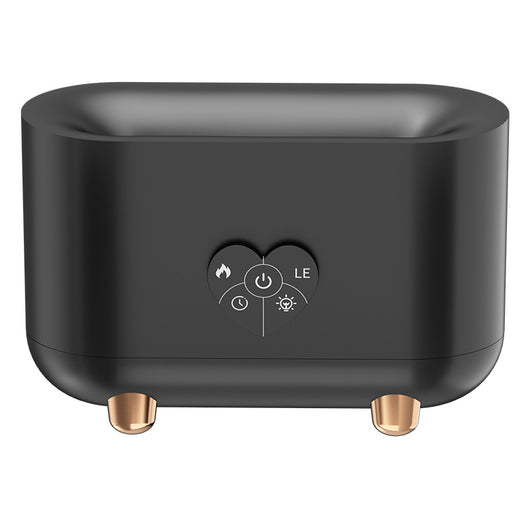 Black flame effect humidifier with a heart-shaped control panel, featuring power, timer, and light functions, on rose gold feet. - Image 12