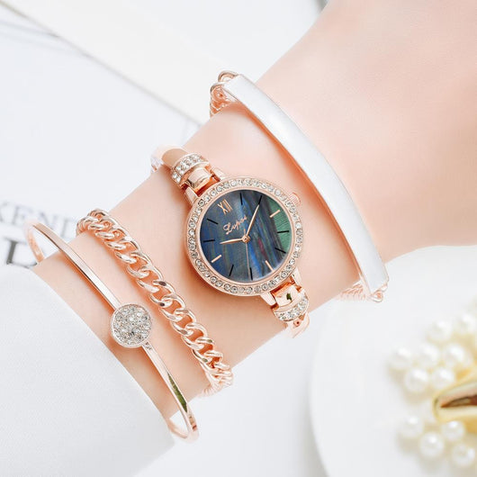 Reloj de Acero Inoxidable para Mujer - Juego de Cuatro Piezas de Tendencia Actual