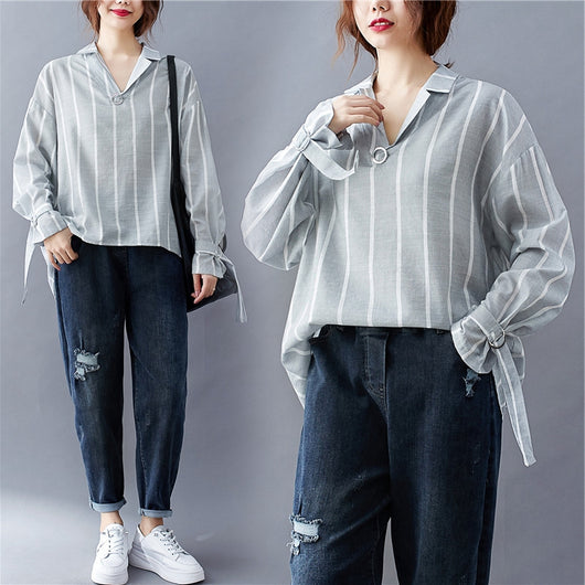Camisa Rayada Suelta y Slim con Cuello en V y Mangas Largas