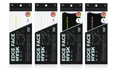 White V-shape face mask with pink ear loops, packaged in a clear and black pouch, size S, by Kalor Cvre. - Image 29