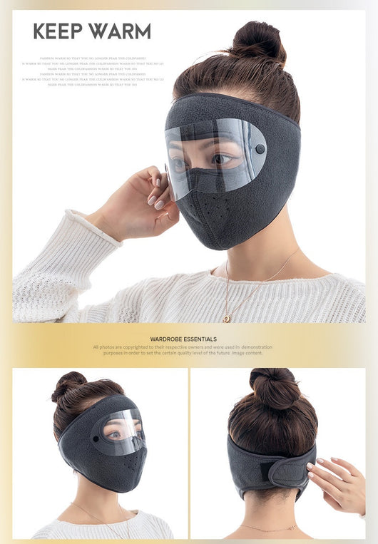 Black fleece winter cycling mask with clear windproof goggles, covering face, neck, and ears for cold protection. - Image 13