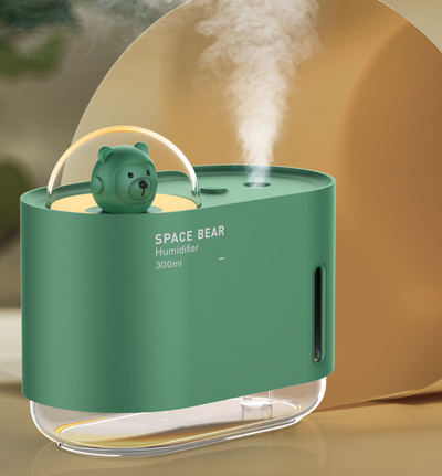 White square humidifier with a clear base, featuring a cute white bear figure in a clear dome, labeled "SPACE BEAR Humidifier 300 ml". - Image 18