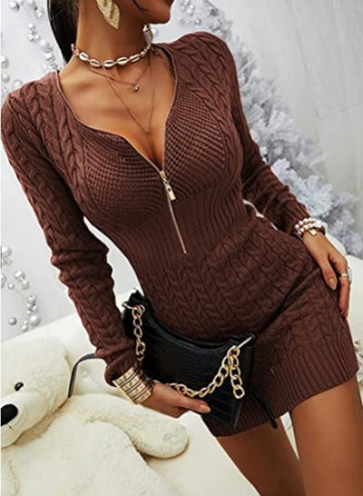 Suéter Vestido Ajustado Cuello V Mujer - Tejido Liso con Opción Cremallera - Image 18