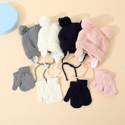 Conjunto de Gorro y Guantes de Lana para Niños y Niñas con Diseño de Doble Bola - Image 2