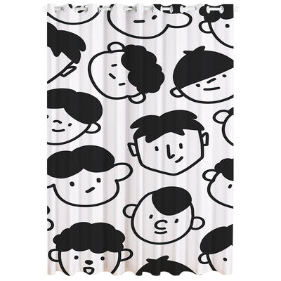 White curtain with a repeating pattern of black outline cartoon faces, featuring grommet top for easy hanging. - Image 19